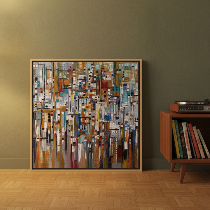Canvas wall art with a natural timber surround leaning against the wall in a mid-century home office