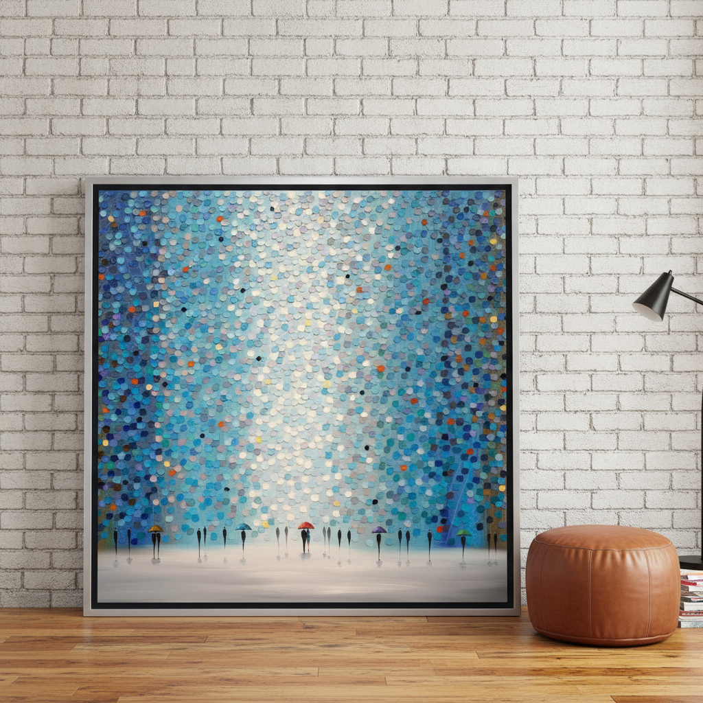 Oversized statement canvas wall art with a silver leaf surround leaning against the wall in an industrial loft living room