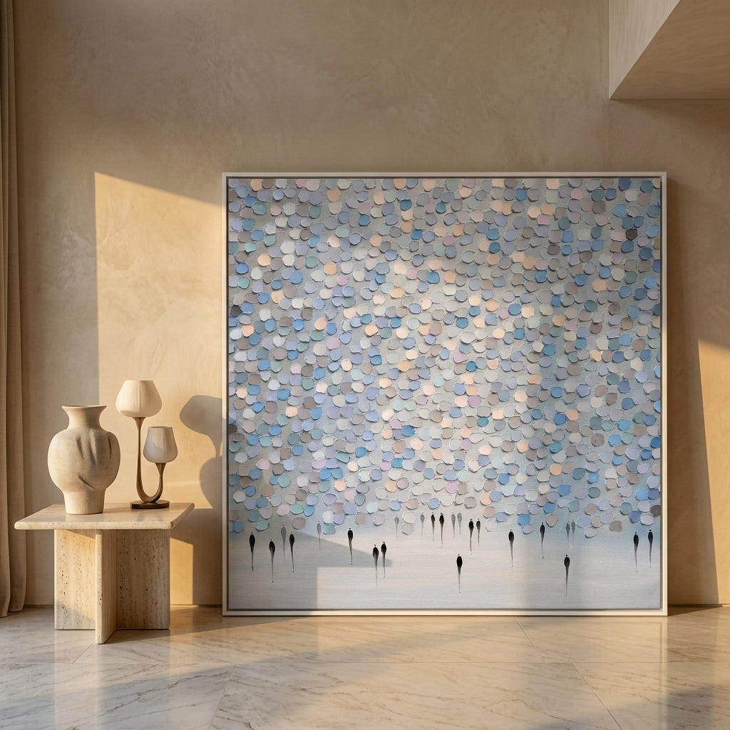 Oversized statement canvas wall art with a white surround leaning against the wall in a luxe living room