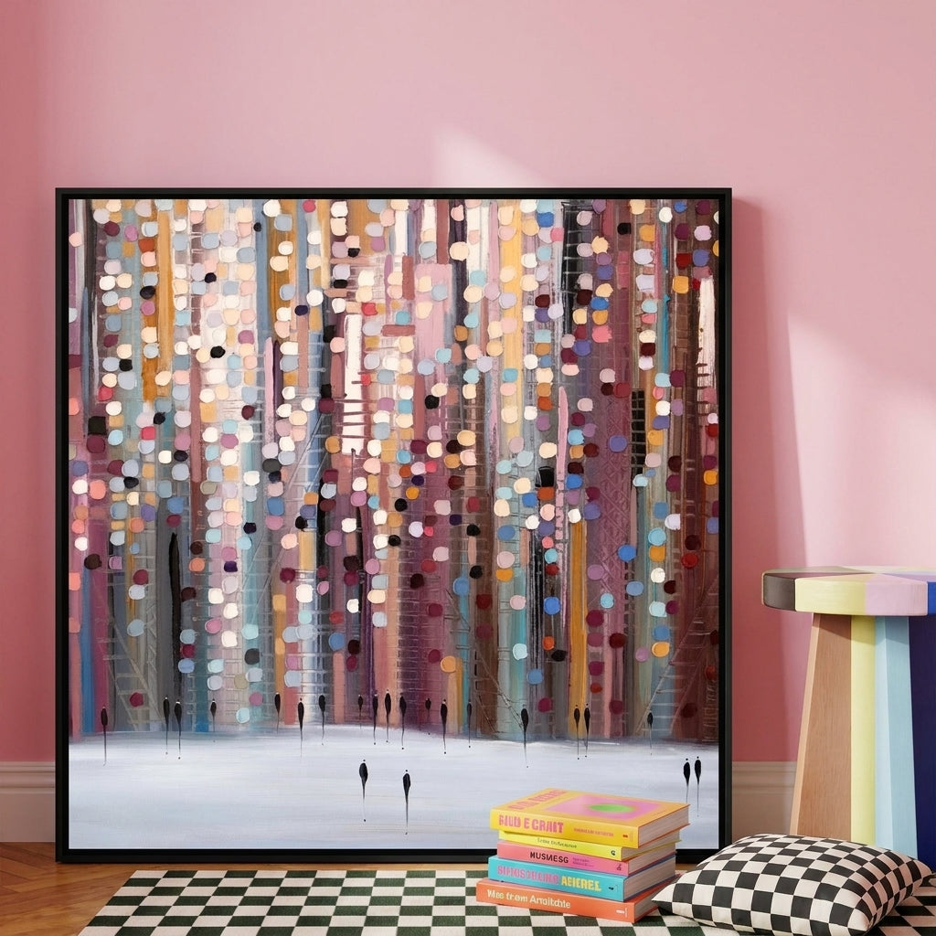Oversized statement canvas wall art with a black surround leaning against the wall in a colourful eclectic dining room