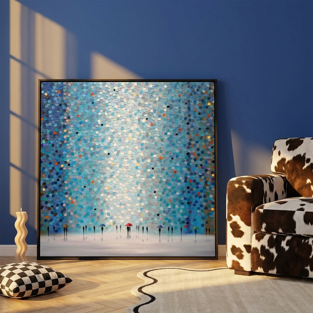 Canvas wall art with a black surround leaning against the wall in a colourful eclectic bedroom