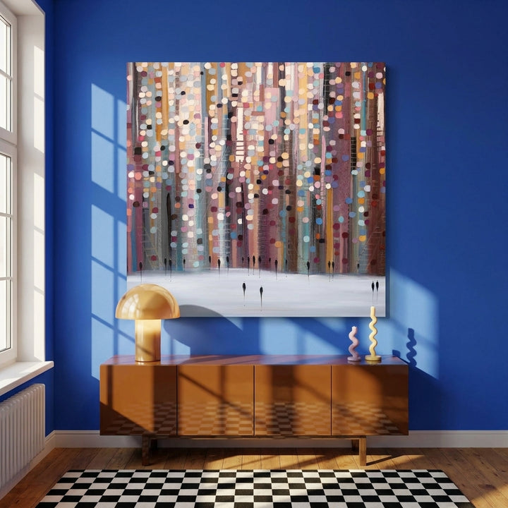 Stretched canvas wall art styled on the wall in a colourful eclectic living room
