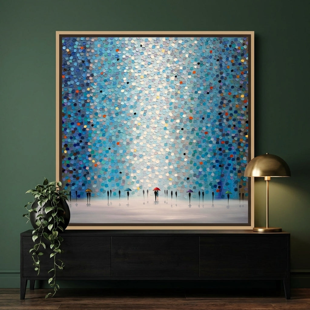 Canvas wall art with a natural timber surround standing on a console in a moody home office