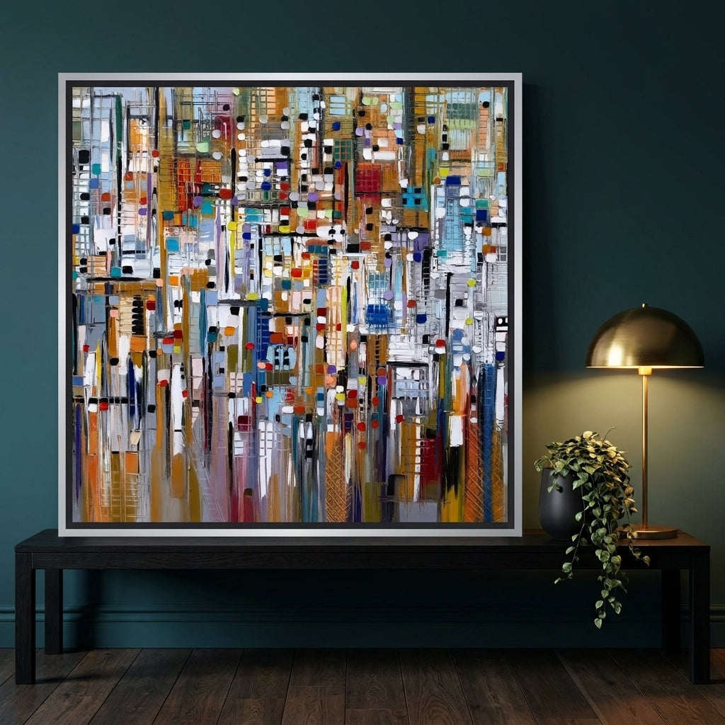 Canvas wall art with a silver leaf surround standing on a console in a moody living room