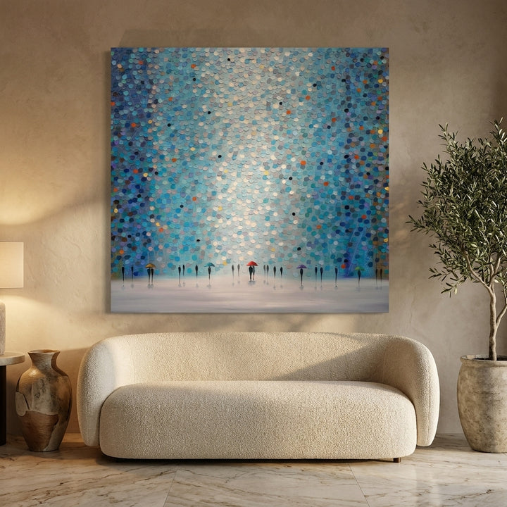 Stretched canvas wall art styled on the wall in a luxe living room