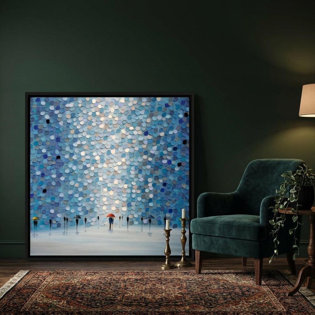 Canvas wall art with a black surround leaning against the wall in a moody home office