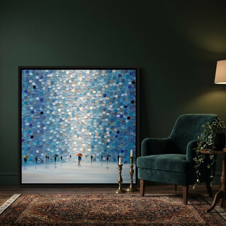 Canvas wall art with a black surround leaning against the wall in a moody home office