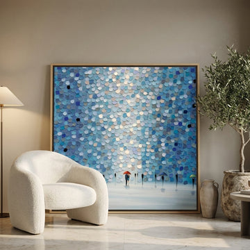 Oversized statement canvas wall art with a natural timber surround leaning against the wall in a luxe bedroom