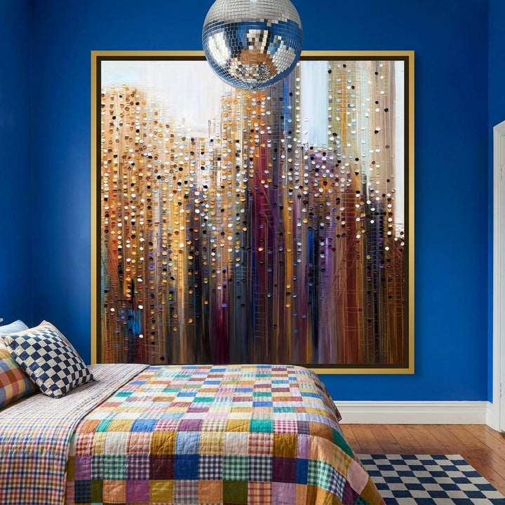 Canvas wall art with a gold leaf surround styled on the wall in a colourful eclectic bedroom