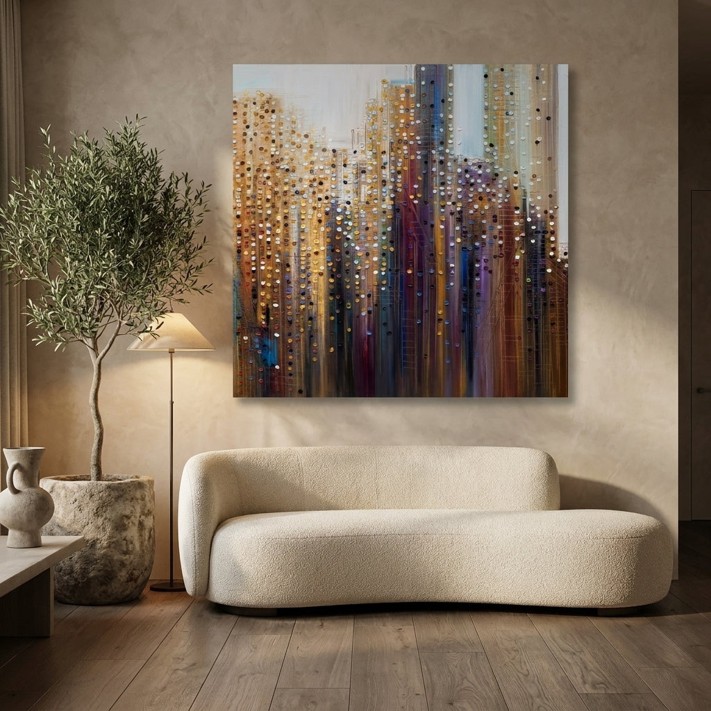 Stretched canvas wall art styled on the wall in a luxe living room