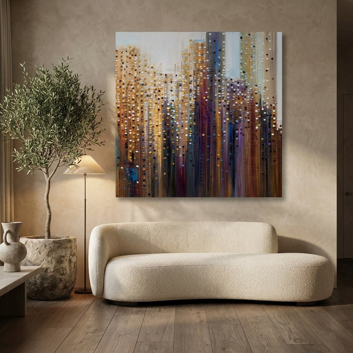 Stretched canvas wall art styled on the wall in a luxe living room