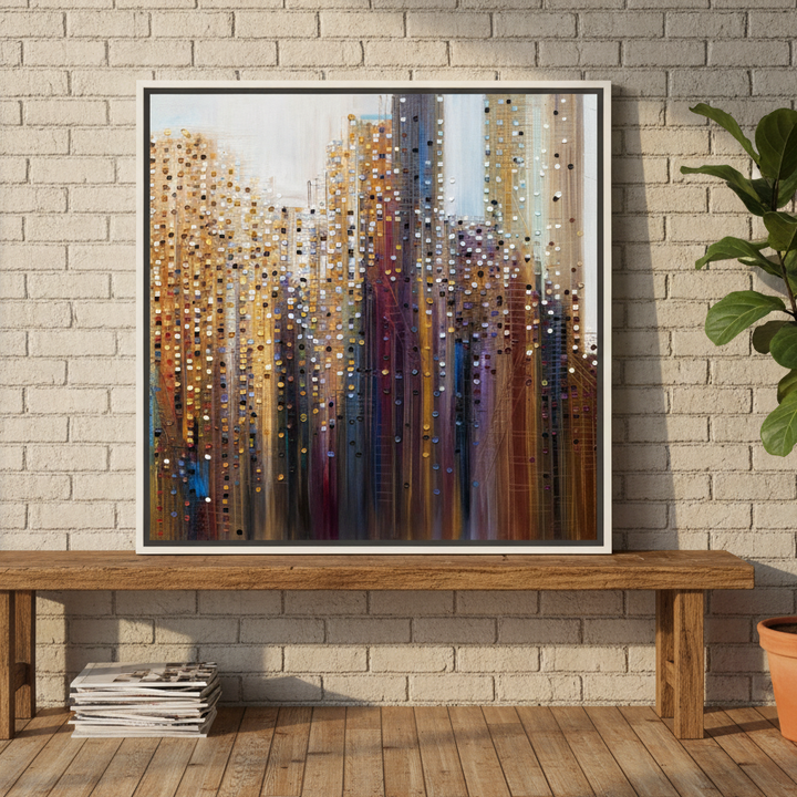 Canvas wall art with a white surround standing on a bench in an industrial loft dining room