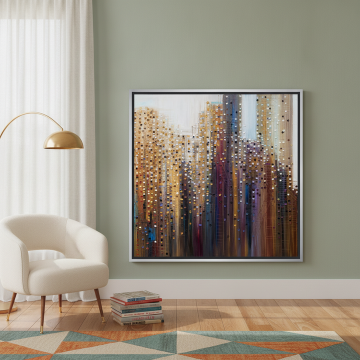 Oversized statement canvas wall art with a silver leaf surround leaning against the wall in a mid-century living room