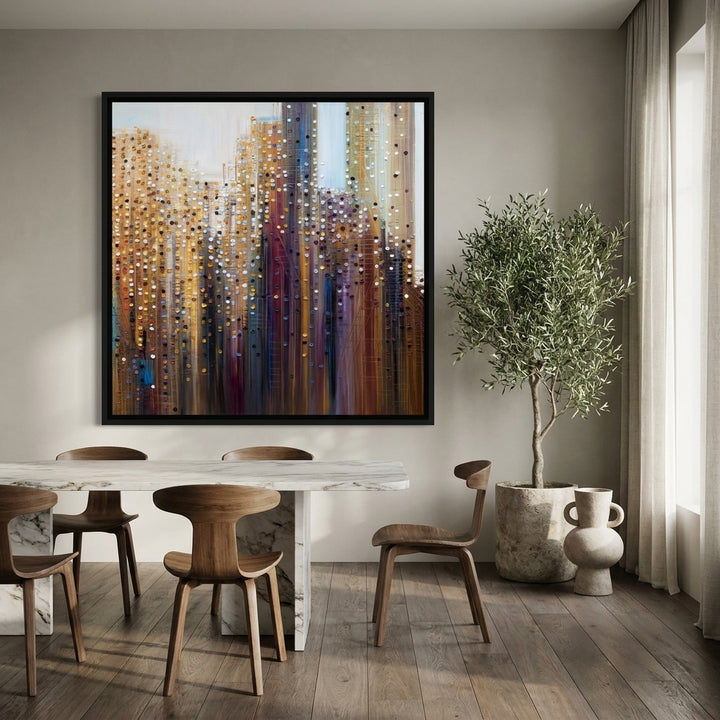 Oversized statement canvas wall art with a black surround styled on the wall in a luxe dining room
