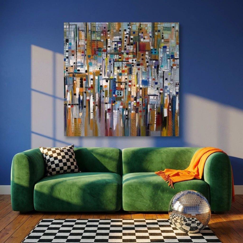 Stretched canvas wall art styled on the wall in a colourful eclectic living room