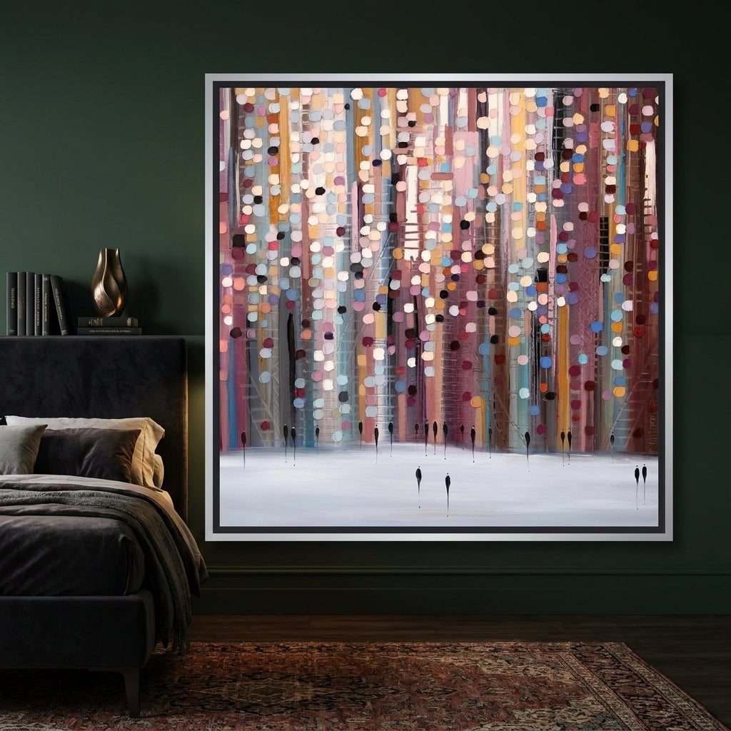 Canvas wall art with a silver leaf surround styled on the wall in a moody bedroom