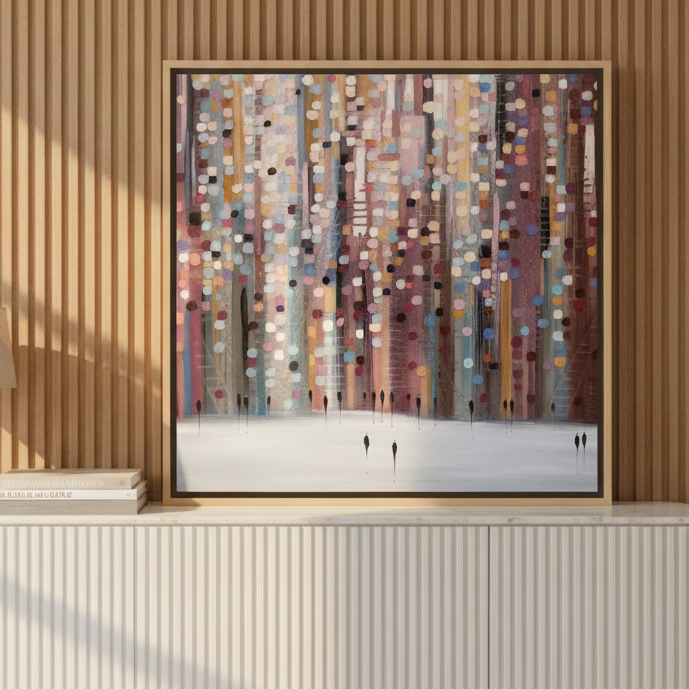 Canvas wall art with a natural timber surround standing on a sideboard in a luxe home office