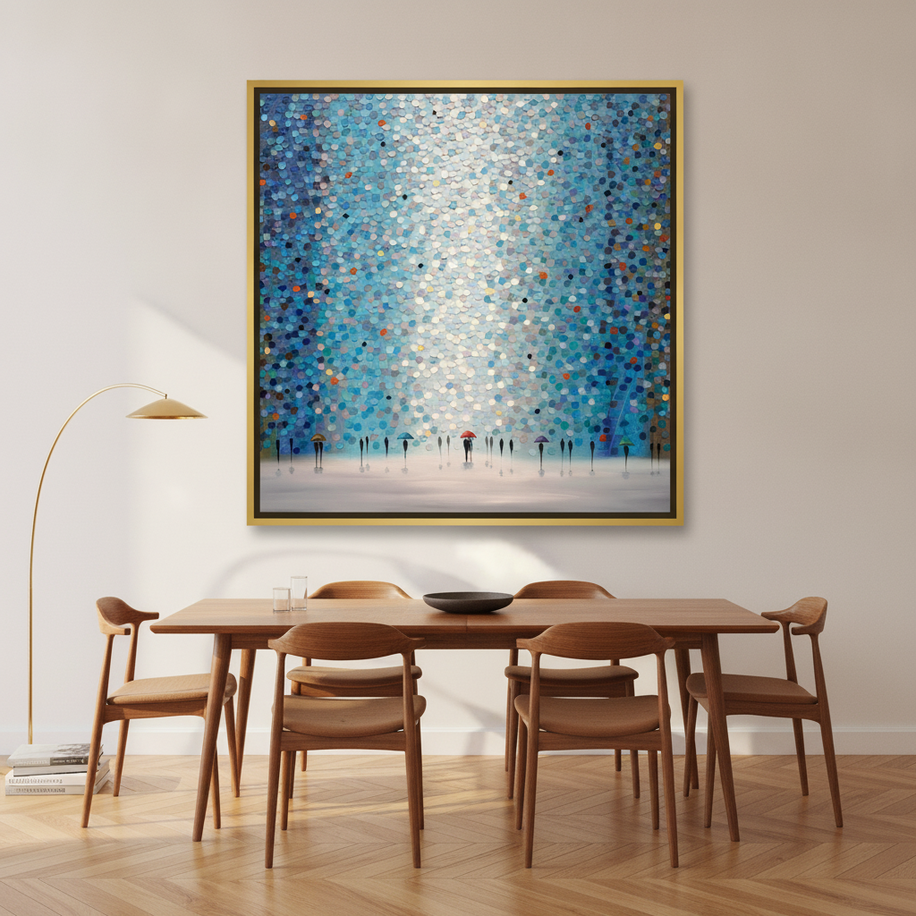Canvas wall art with a gold leaf surround styled on the wall in a mid-century dining room
