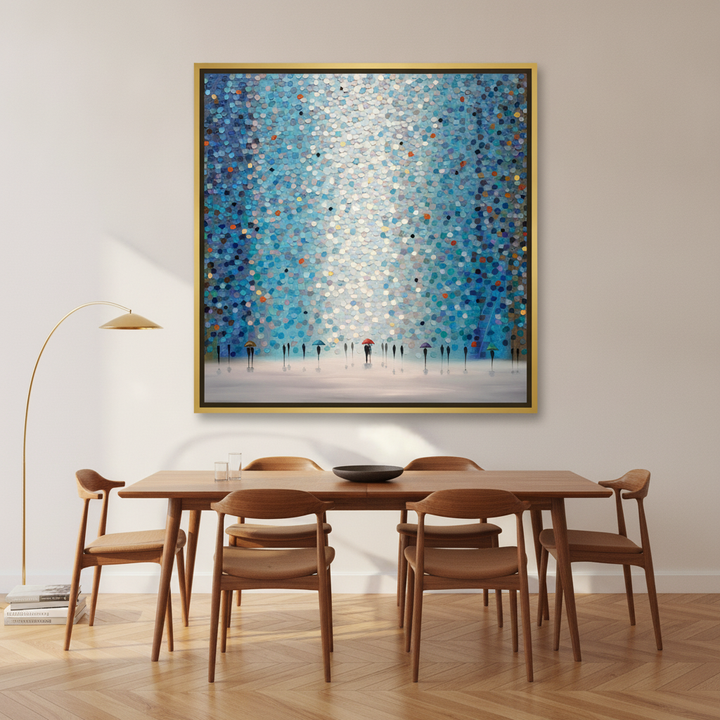 Canvas wall art with a gold leaf surround styled on the wall in a mid-century dining room