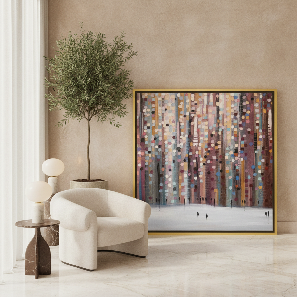 Oversized statement canvas wall art with a gold leaf surround leaning against the wall in a luxe living room