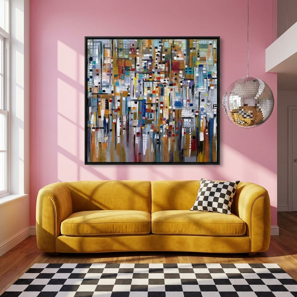 Oversized statement canvas wall art with a black surround styled on the wall in a colourful eclectic living room