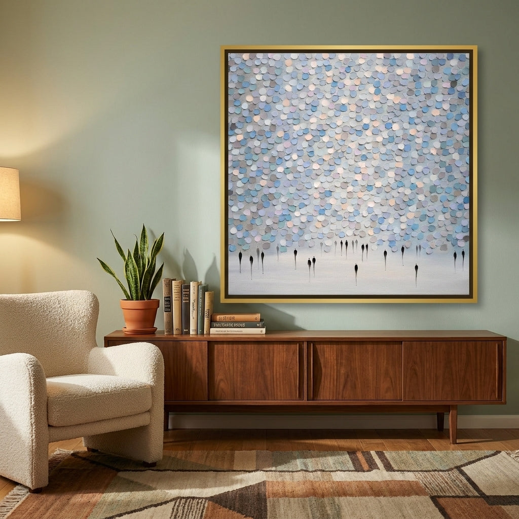 Canvas wall art with a gold leaf surround styled on the wall in a mid-century living room