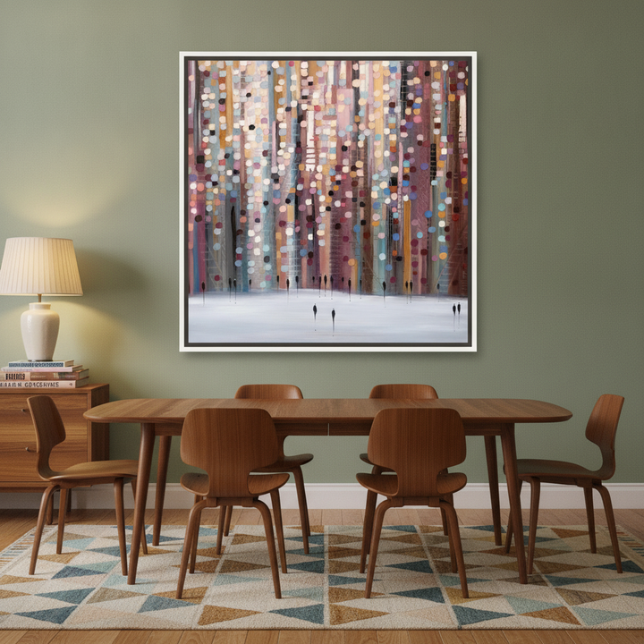 Canvas wall art with a white surround styled on the wall in a mid-century dining room