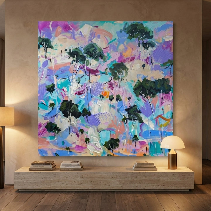 Stretched canvas wall art styled on the wall in a luxe living room