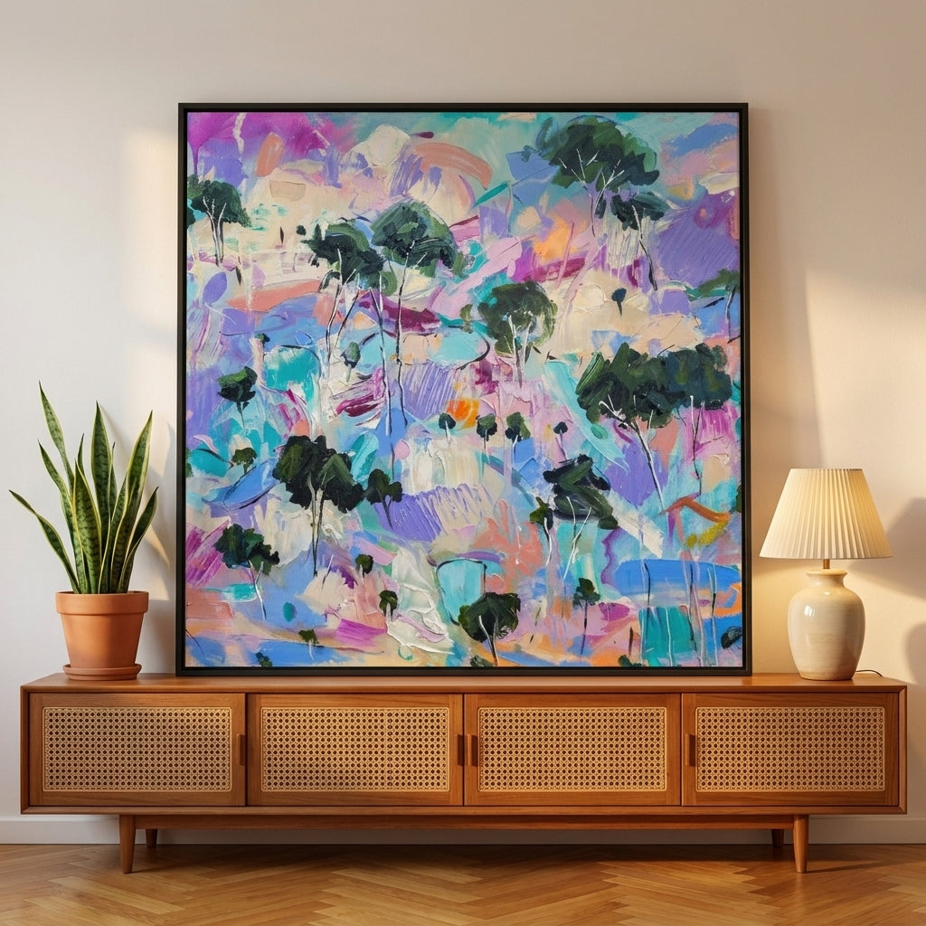 Canvas wall art with a black surround standing on a sideboard in a mid-century home office