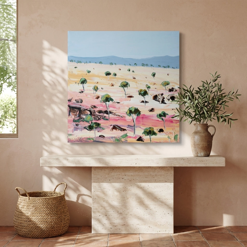 Stretched canvas wall art styled on the wall in a Mediterranean living room