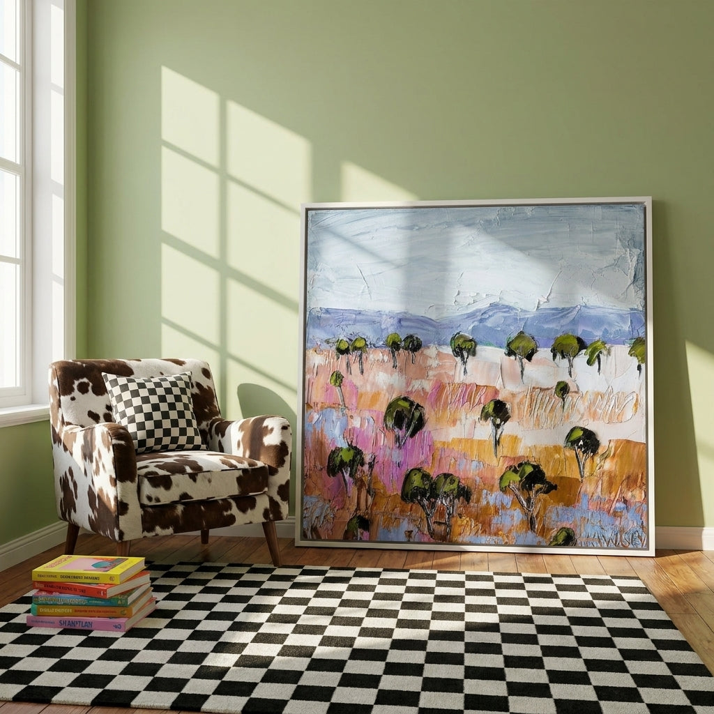 Canvas wall art with a white surround leaning against the wall in a colourful eclectic bedroom