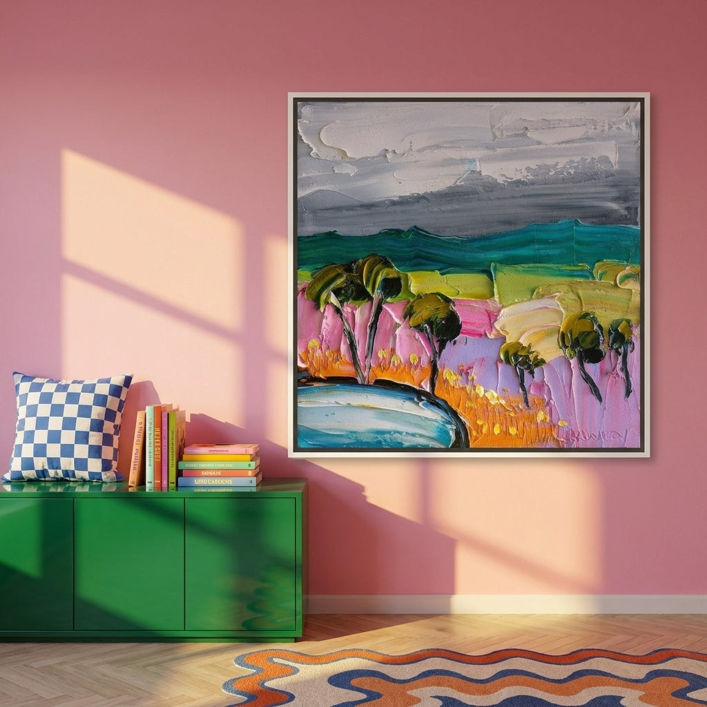 Oversized statement canvas wall art with a white surround styled on the wall in a colourful eclectic living room