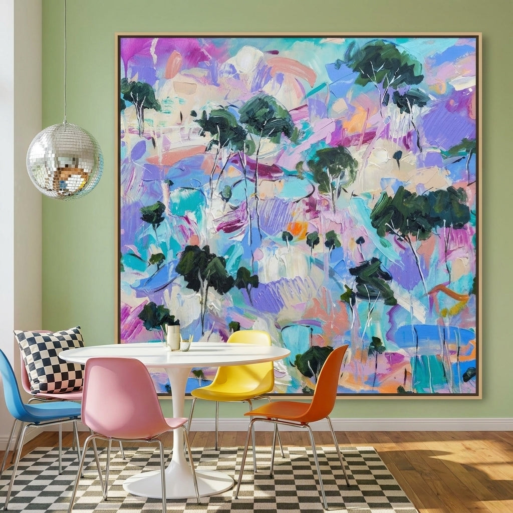 Oversized statement canvas wall art with a natural timber surround styled on the wall in a colourful eclectic dining room
