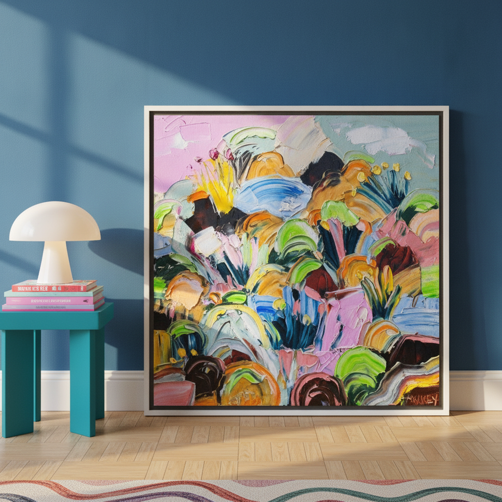 Oversized statement canvas wall art with a white surround leaning against the wall in a colourful eclectic dining room