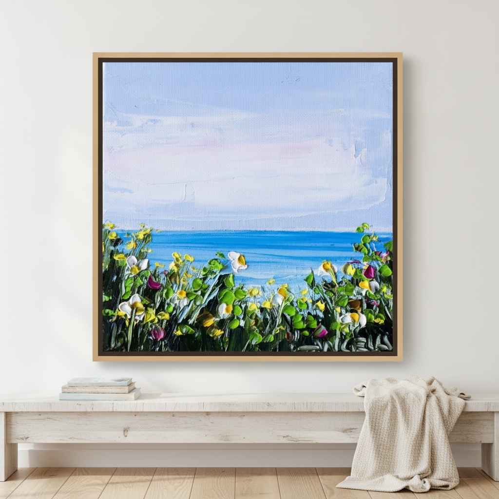 Canvas wall art with a natural timber surround standing on a console in a coastal bedroom
