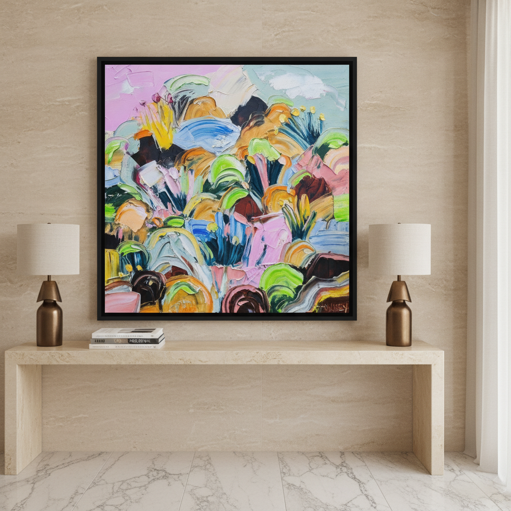 Canvas wall art with a black surround standing on a console in a luxe bedroom