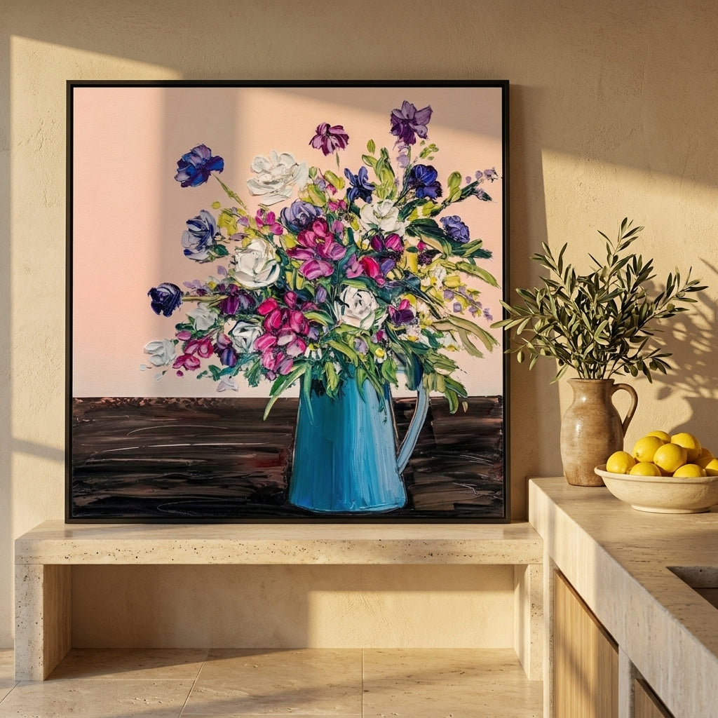 Canvas wall art with a black surround standing on a kitchen bench in a Mediterranean kitchen