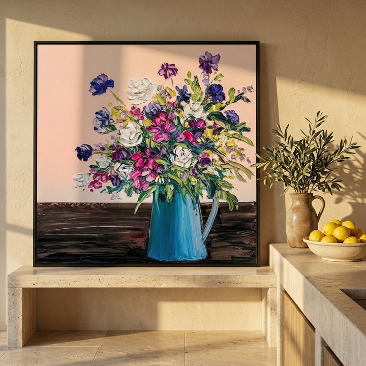 Canvas wall art with a black surround standing on a kitchen bench in a Mediterranean kitchen
