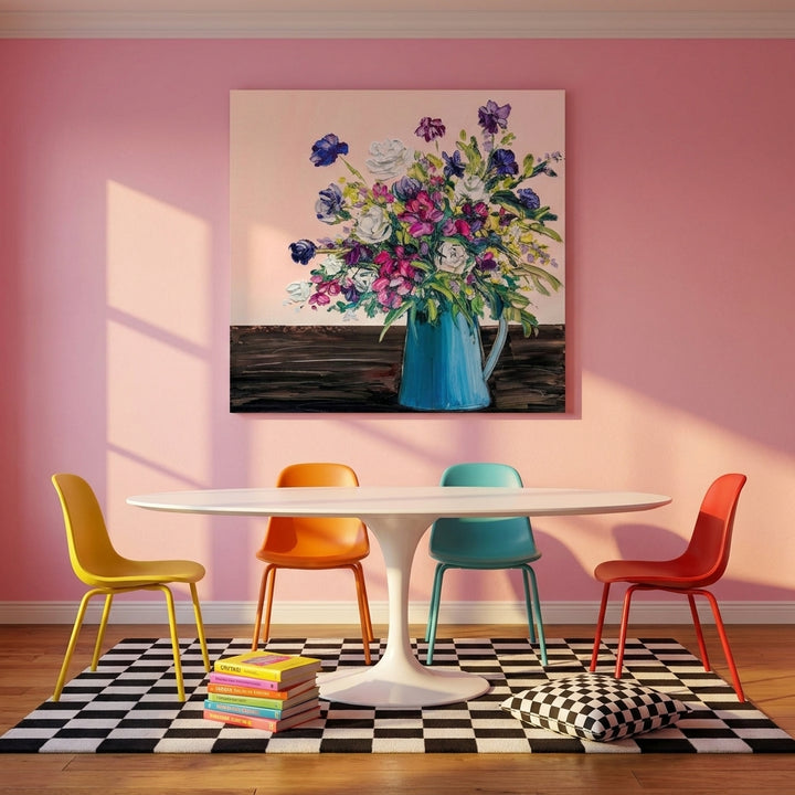 Stretched canvas wall art styled on the wall in a colourful eclectic dining room