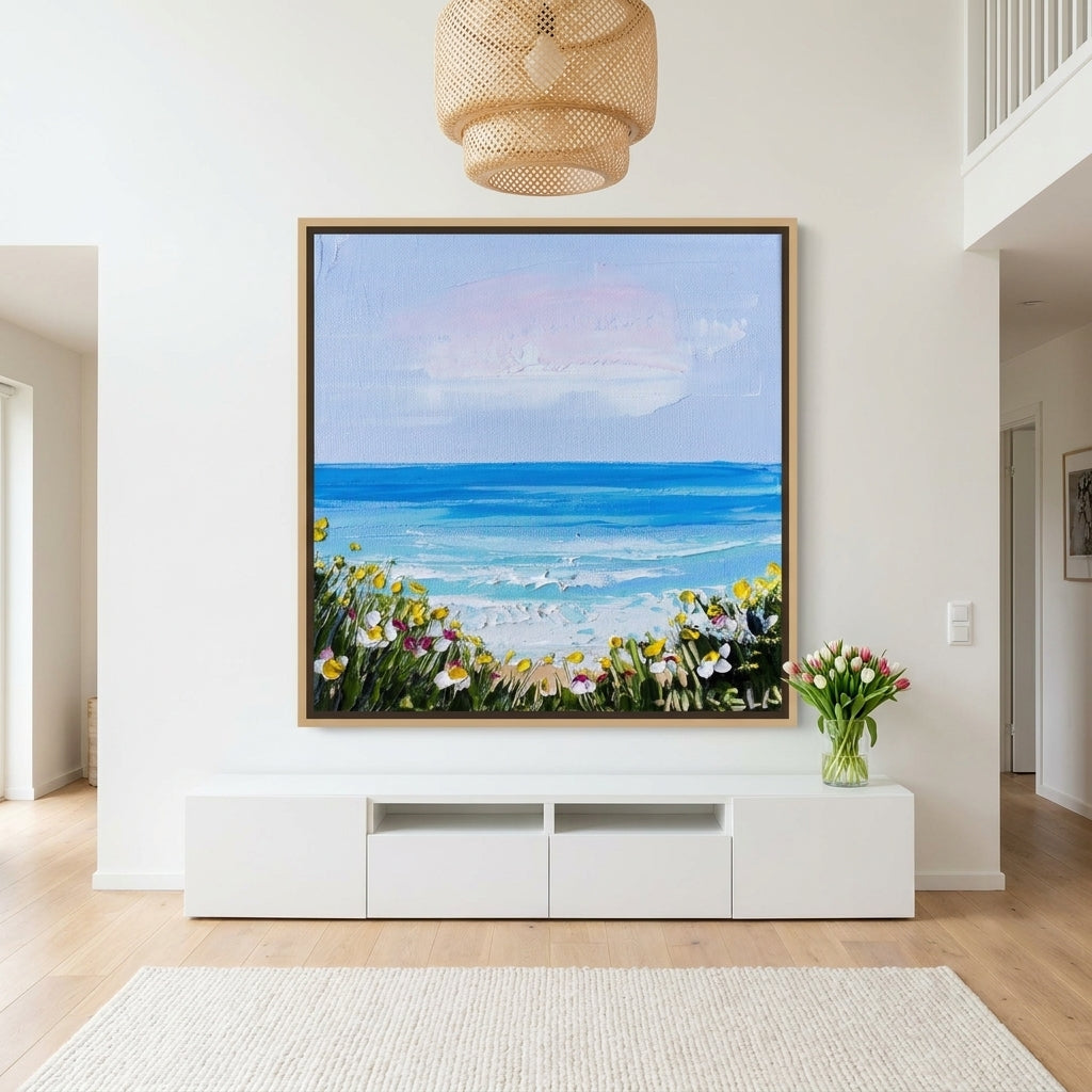 Oversized statement canvas wall art with a natural timber surround styled on the wall in a bright Scandinavian living room