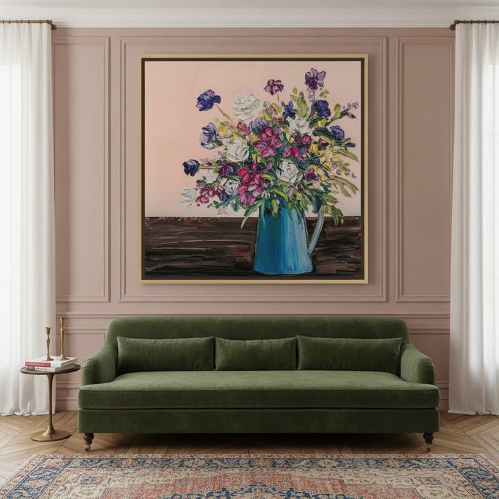 Oversized statement canvas wall art with a natural timber surround styled on the wall in a Parisian living room