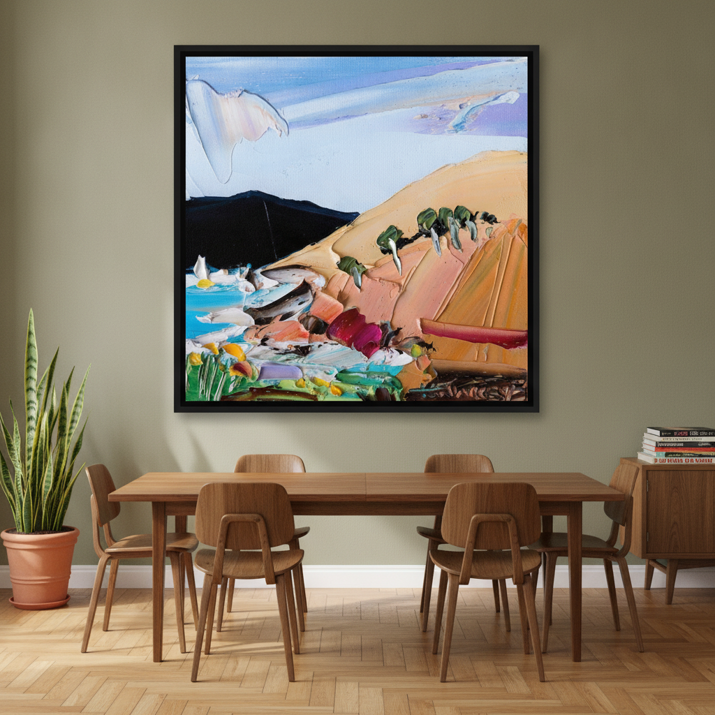 Oversized statement canvas wall art with a black surround styled on the wall in a mid-century dining room