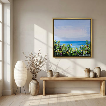 Canvas wall art with a gold leaf surround styled on the wall in a warm Japandi kitchen