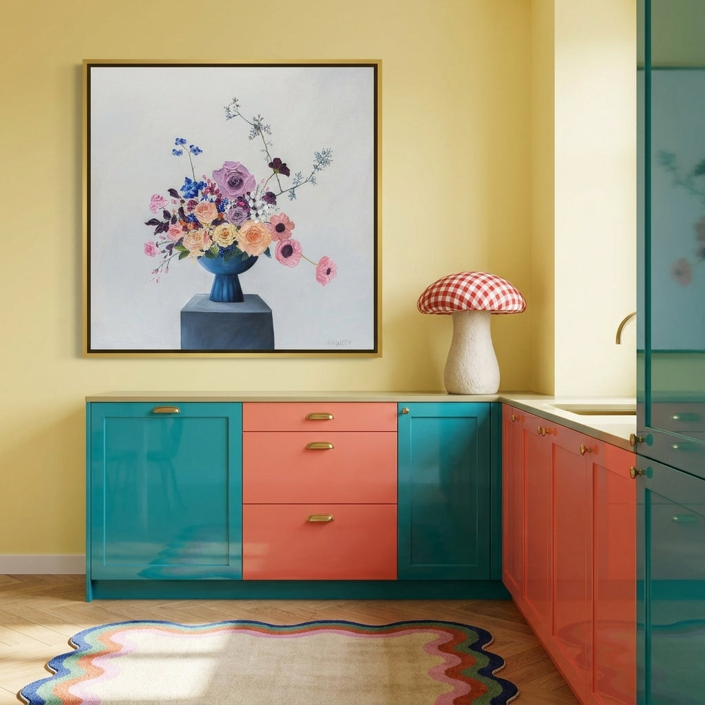 Canvas wall art with a gold leaf surround styled on the wall in a colourful eclectic kitchen
