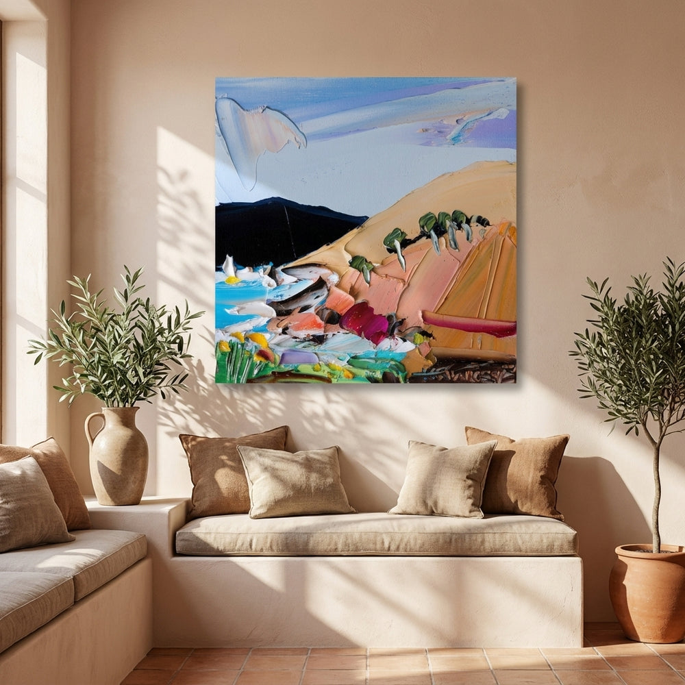Stretched canvas wall art styled on the wall in a Mediterranean living room