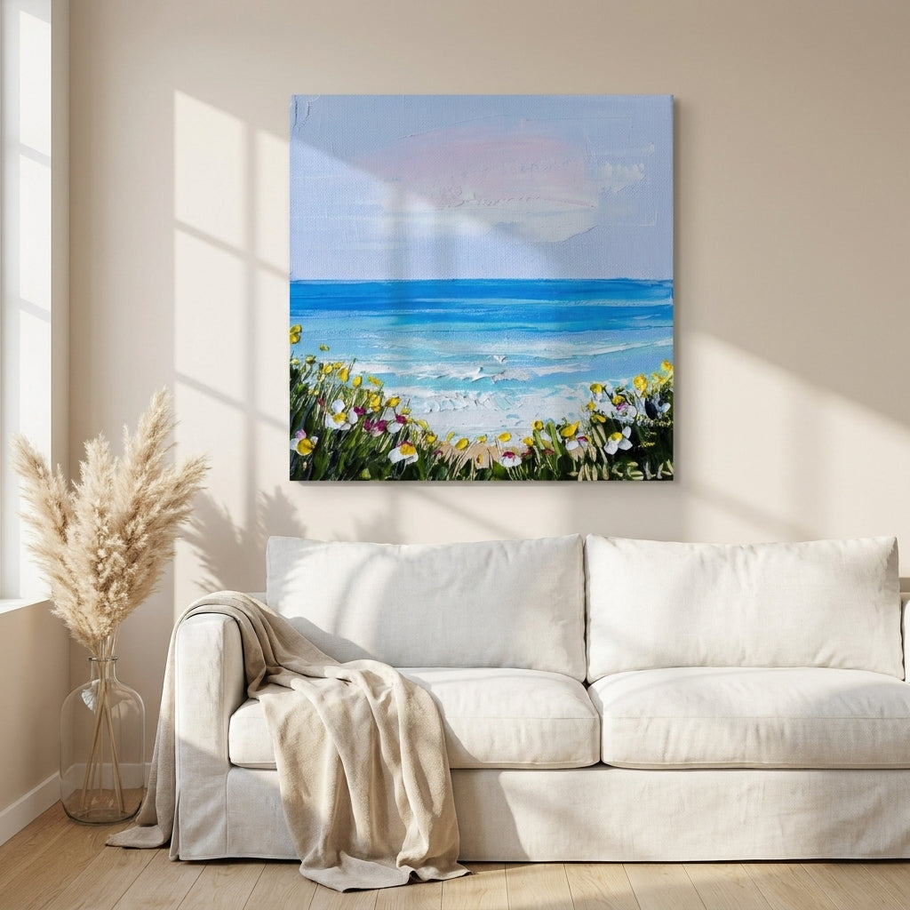Stretched canvas wall art styled on the wall in a coastal living room