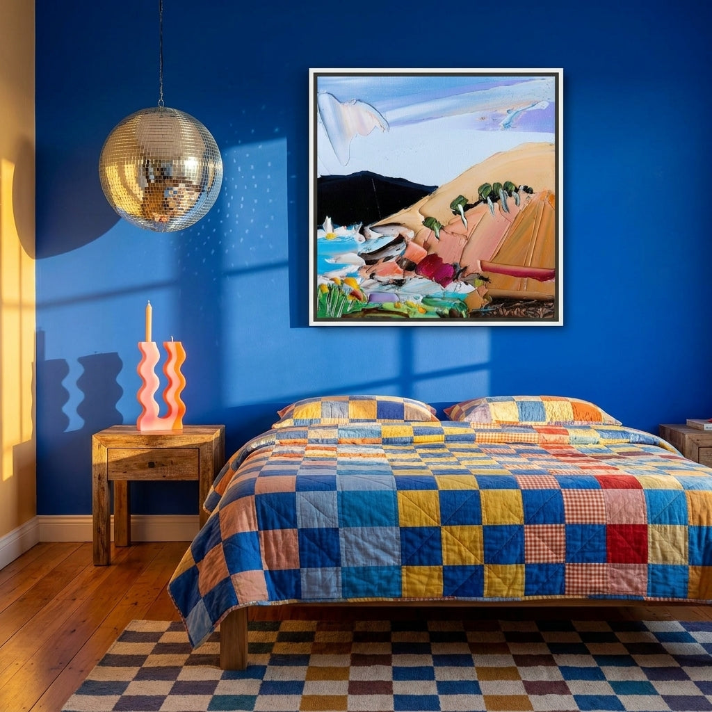 Canvas wall art with a white surround styled on the wall in a colourful eclectic bedroom