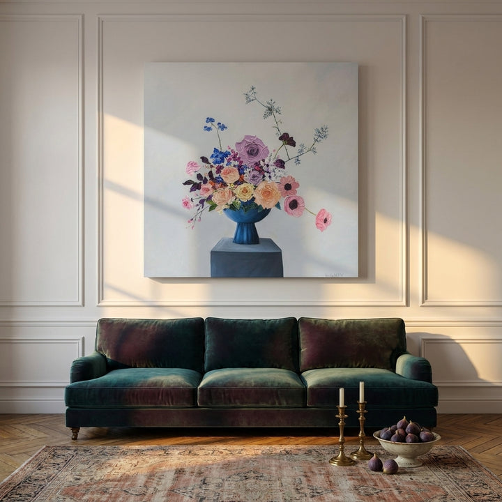 Stretched canvas wall art styled on the wall in a Parisian living room