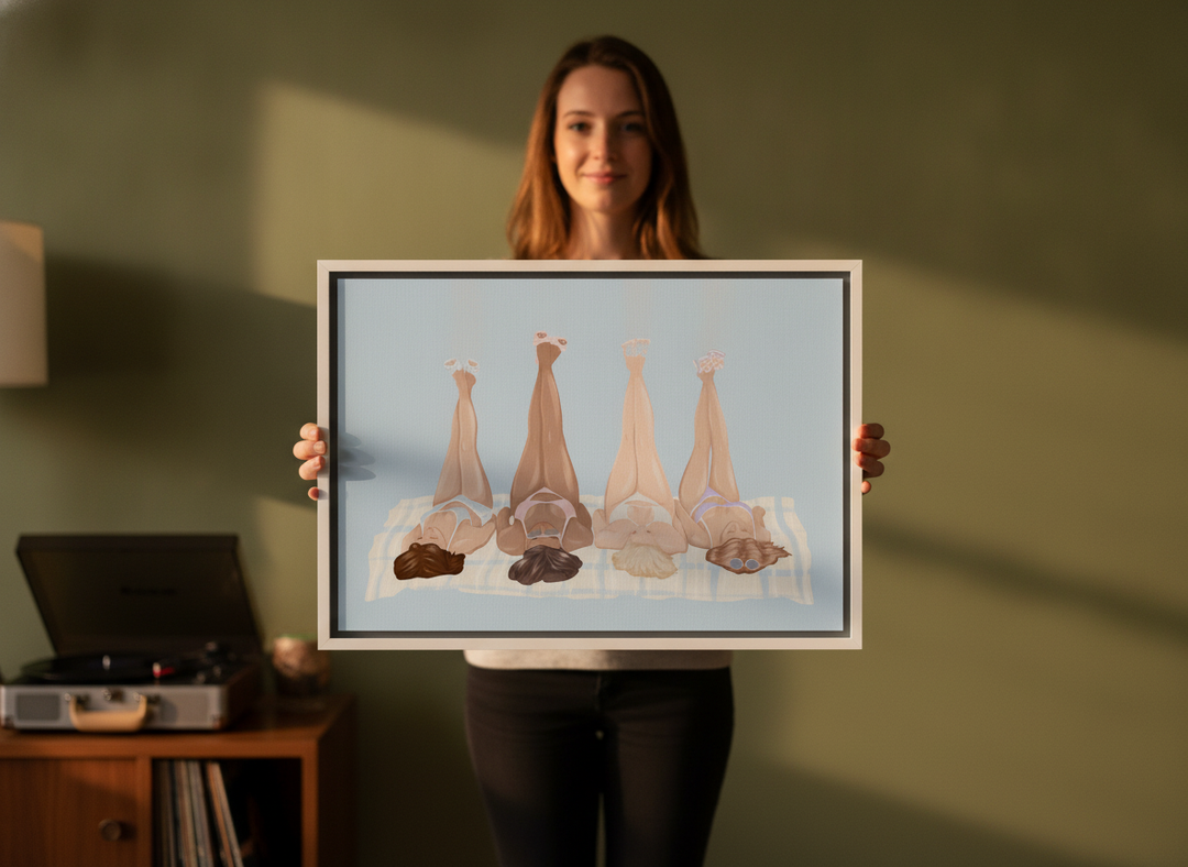 Person holding canvas wall art with a white surround in a mid-century living room