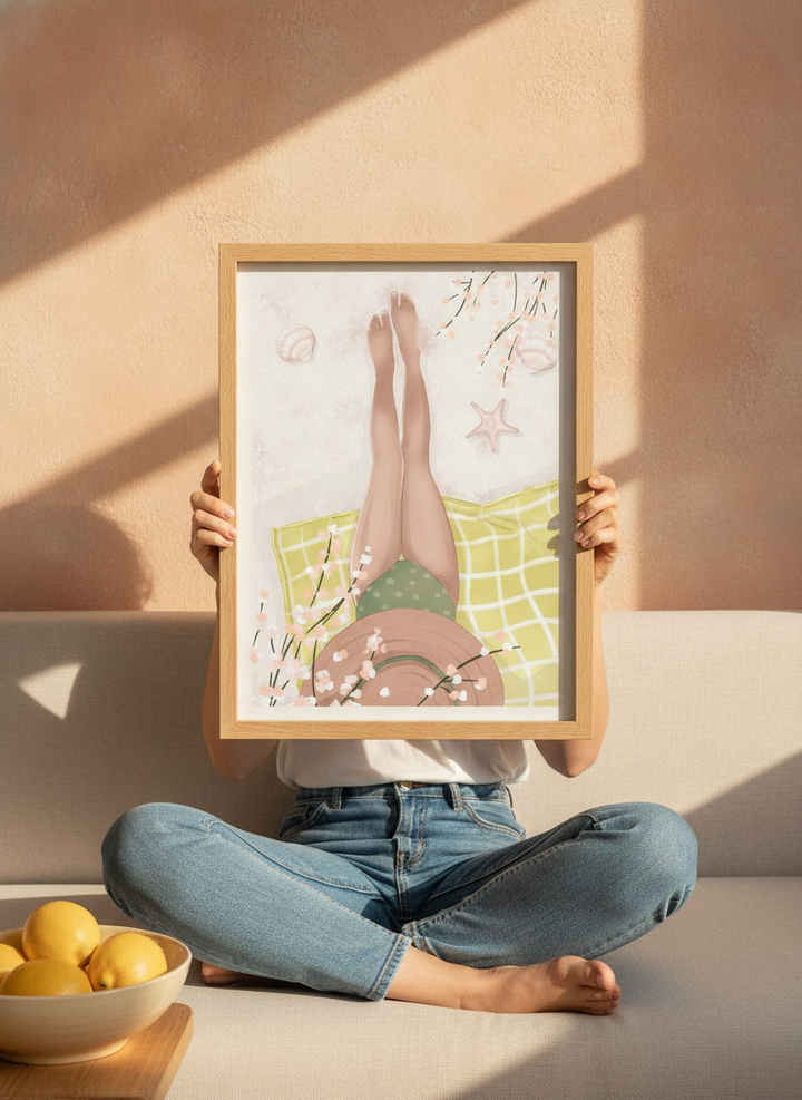Person holding modern wall art print in a Mediterranean living room